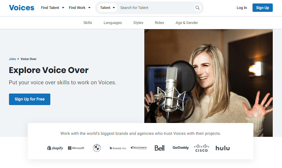 La página Voice Over en el sitio web de Voices